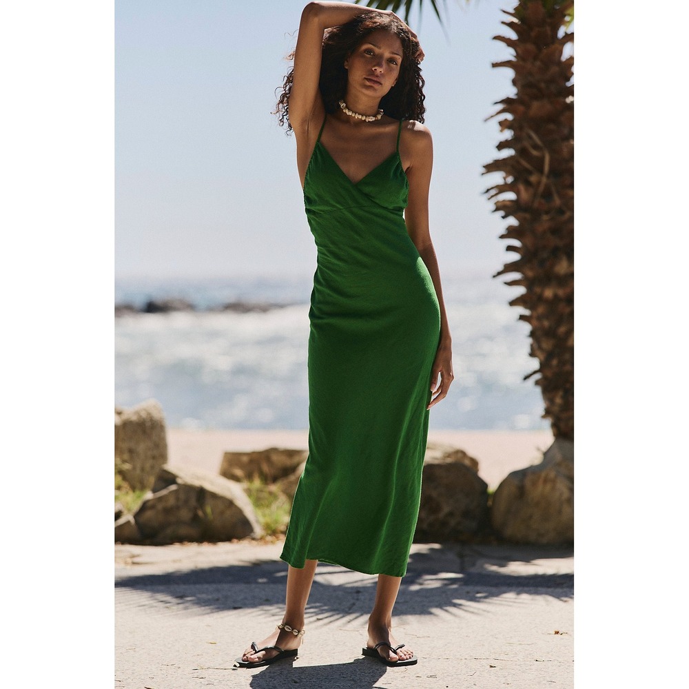 Free People Banana Leaf Green Linen Blend Open Back Maxi Dress XS OB2525964